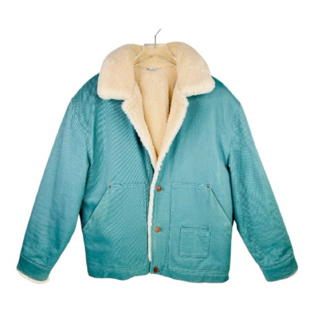 Zara Men’s Green Aqua Faux Sherpa Lined Heavy Denim Chore/Trucker Coat Medium - Picture 2 of 13